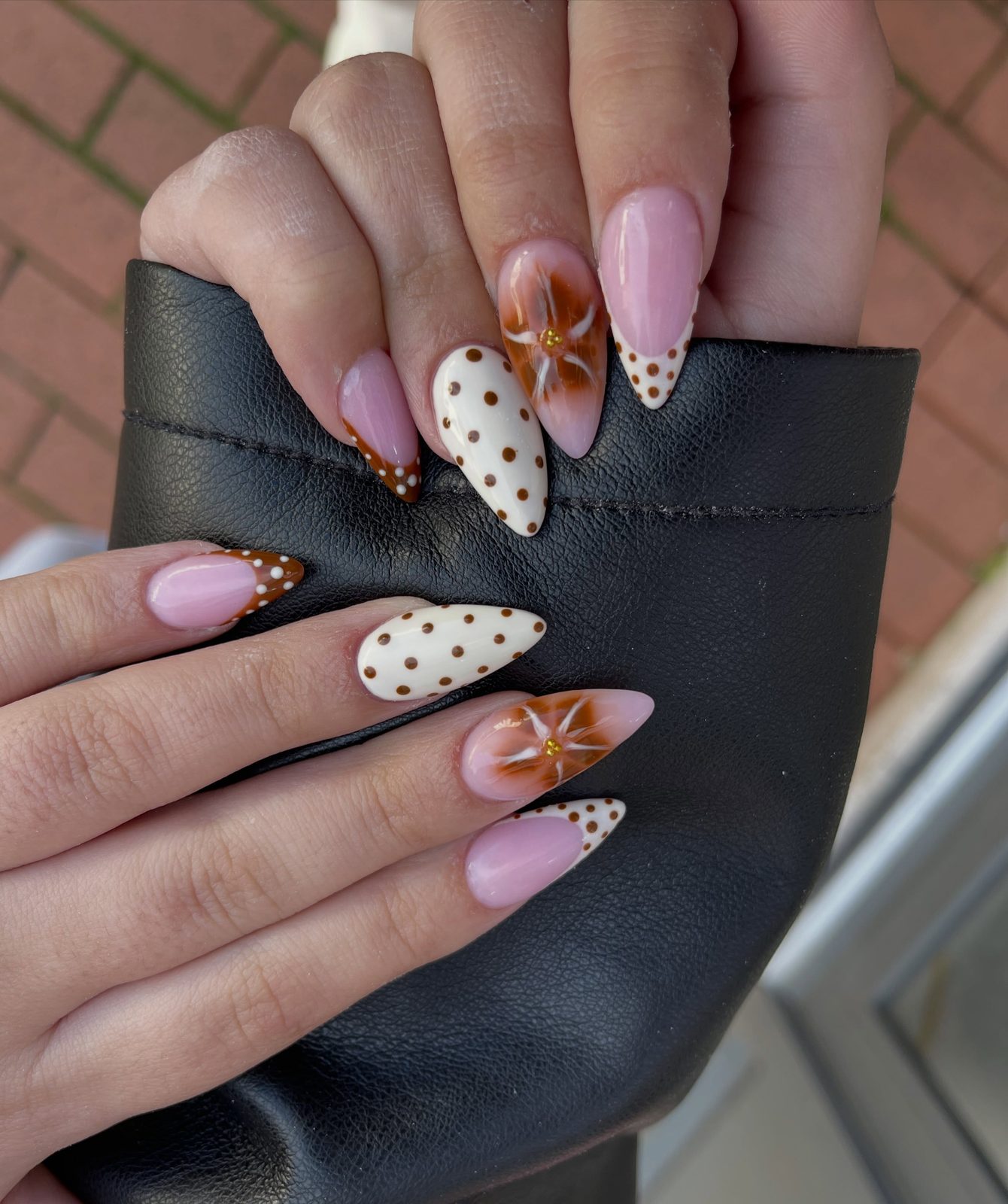 Autumn almond set with brown polka dots and orange stars